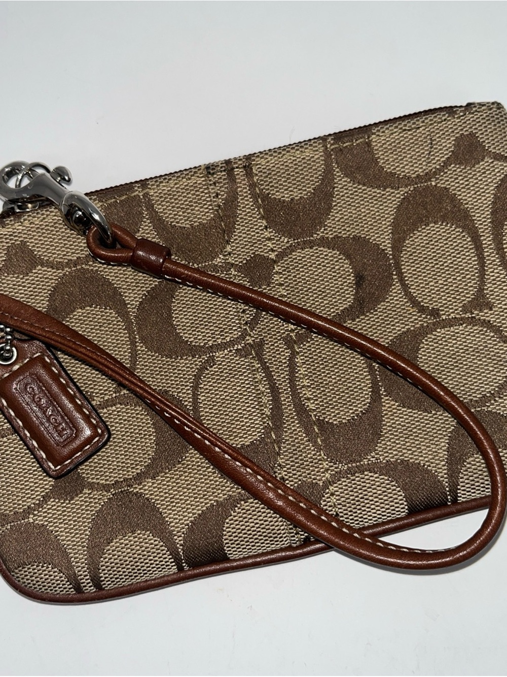Coach Signature Canvas Wristlet in Brown & Tan